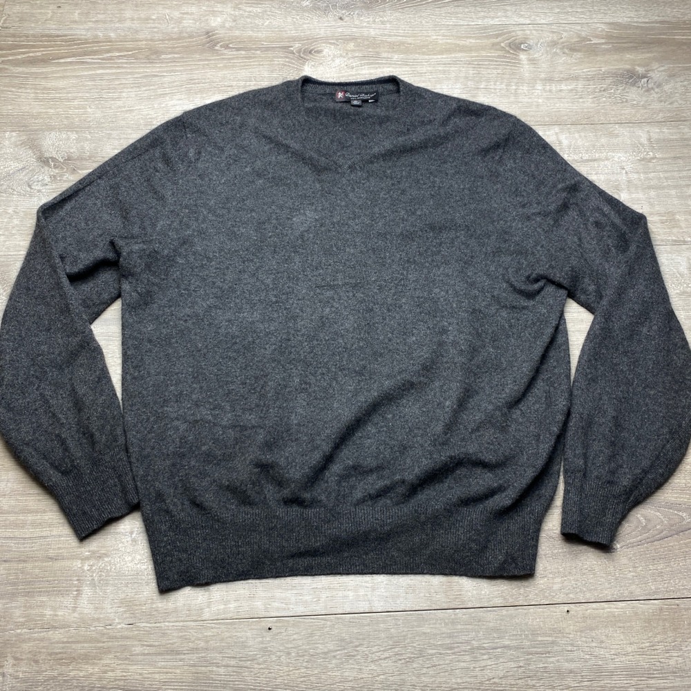 Daniel Bishop Sweater Mens XL 100% Cashmere Charcoal Gray V-Neck Knit Pullover‎